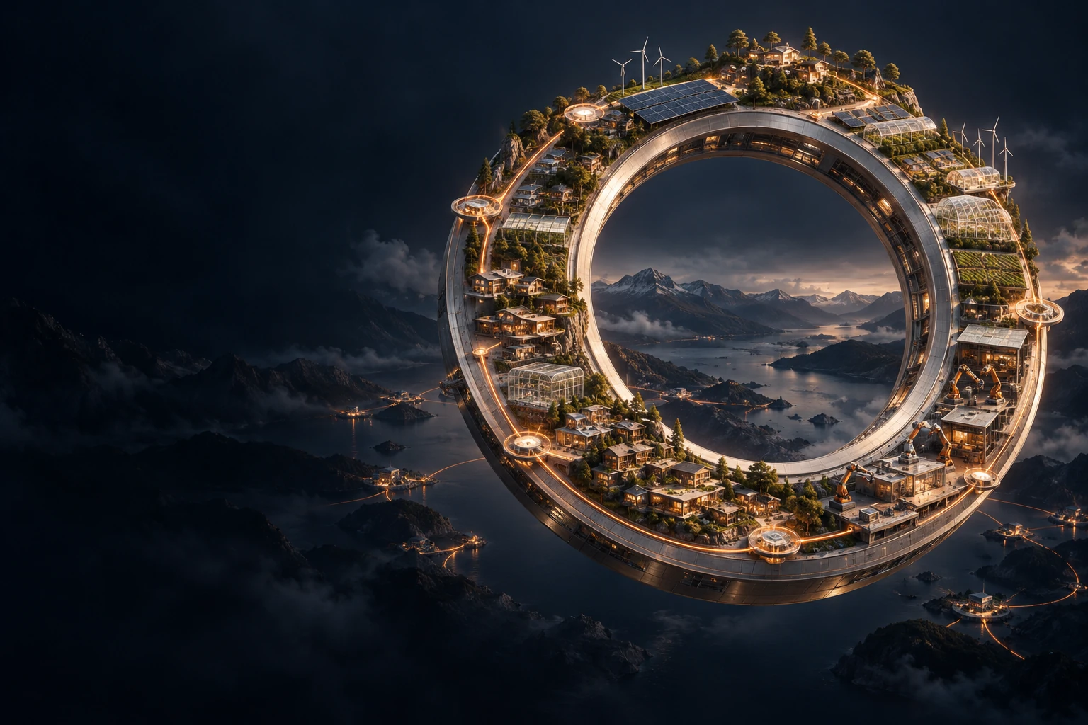 Original concept art of a circular productive landscape with workshops, clean energy, greenhouses, and human-scale homes.